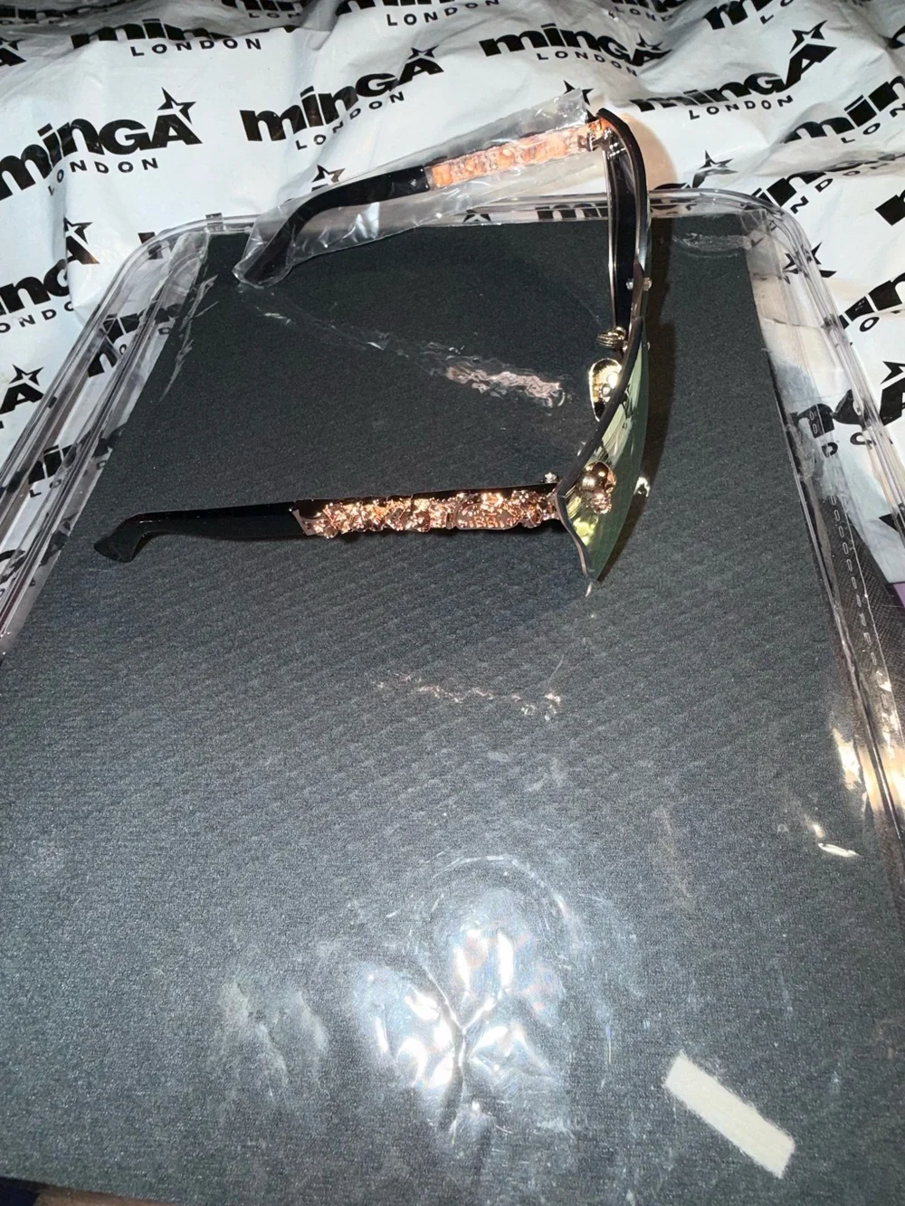 New Embellished Black Sunglasses with Mirror Rose Gold Lens with Gold designs